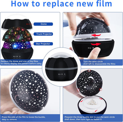 Night Light Projector for Kids Truck Toys for Boys, 360 Degree Rotation Baby Night Lights with Car and Star Theme, Birthday Party Festival Decor(Black)