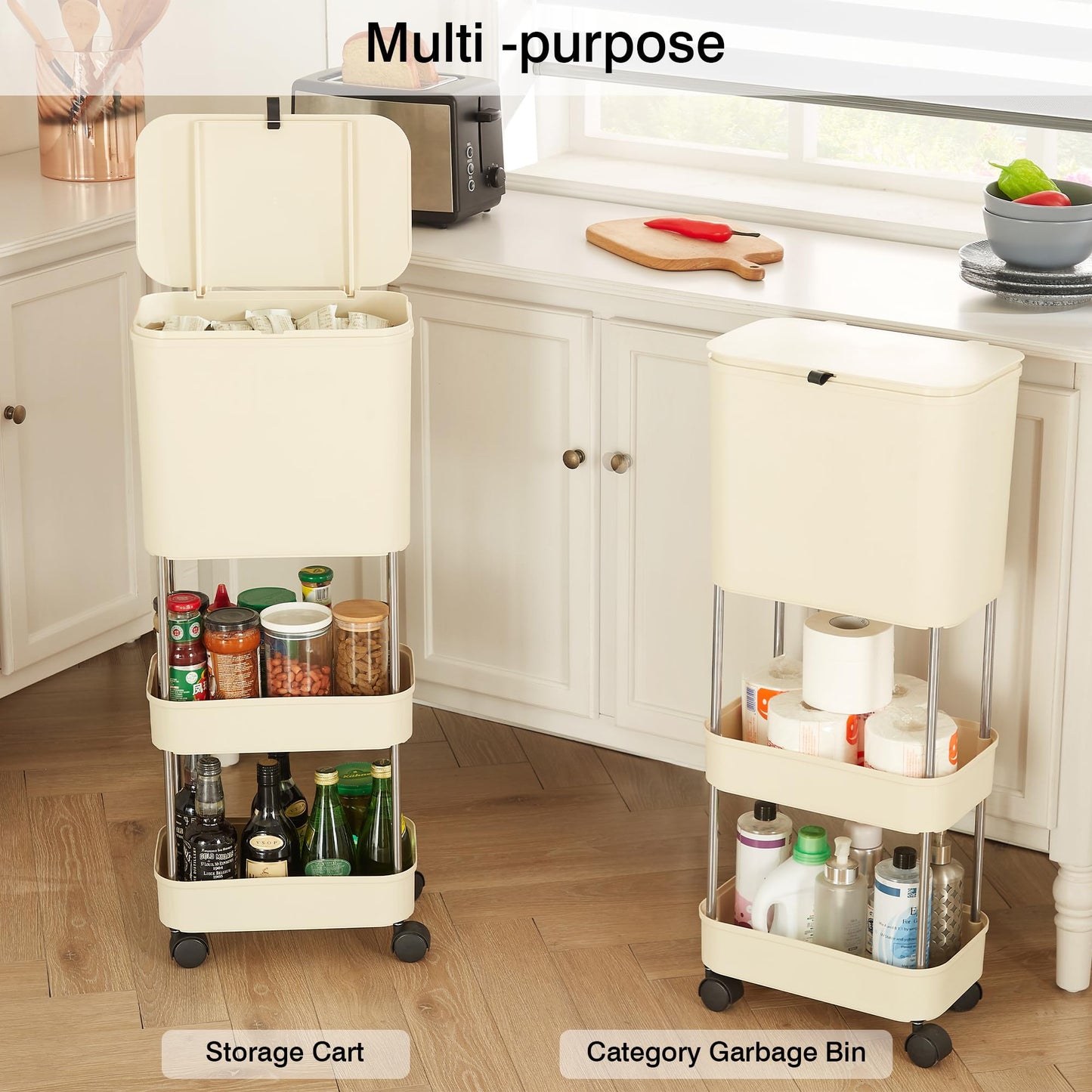 VECELO Kitchen Trash Can with Lid, Garbage Bin with Storage Rack, Dog Proof Narrow Waste Basket for