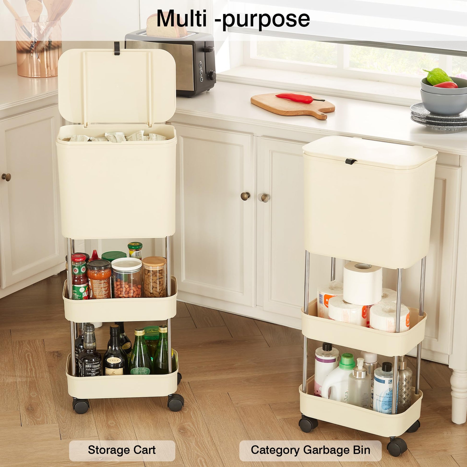 VECELO Kitchen Trash Can with Lid, Garbage Bin with Storage Rack, Dog Proof Narrow Waste Basket for