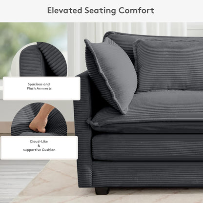 ROWHY 113'' Modular Sectional Cloud Couch, 5 Seater Corner Sofa Big Comfy Corduroy Oversized L Shaped Couch with 2 Pillows, Ottoman, Deep Seat Sectional Couches for Living Room Office, Dark Grey
