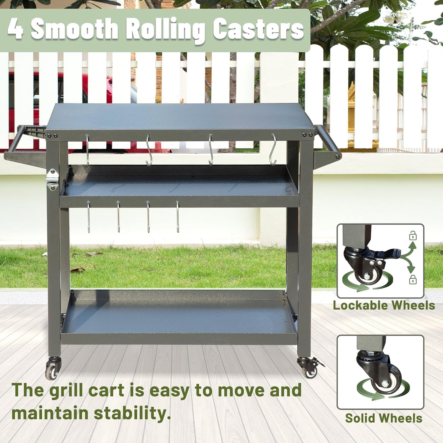 Domi 3-Shelf Outdoor Grill Table, Grill Cart with Wheels, Pizza Oven and Food Prep Table, Blackstone Griddle Stand with Propane Tank Hook for Outside BBQ