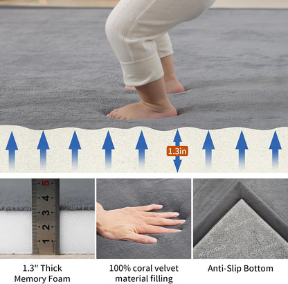 ACOMOPACK Baby Play Mat for Floor,1.3" Thick Memory Foam Area Rug for Living Room,Soft Velvet Crawling with Non-Slip Bottom for Kid,Toddler,71"×79" Tummy Time Nursery Rugs,Yoga（Dark Grey）