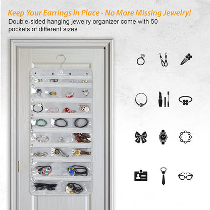 Freegrace Hanging Jewelry Organizer Revolving Hanger - Secure Zipper Closure - 50 Pockets - Foldable Storage & Display Solution - For All Jewelry & Bijoux (Gray)