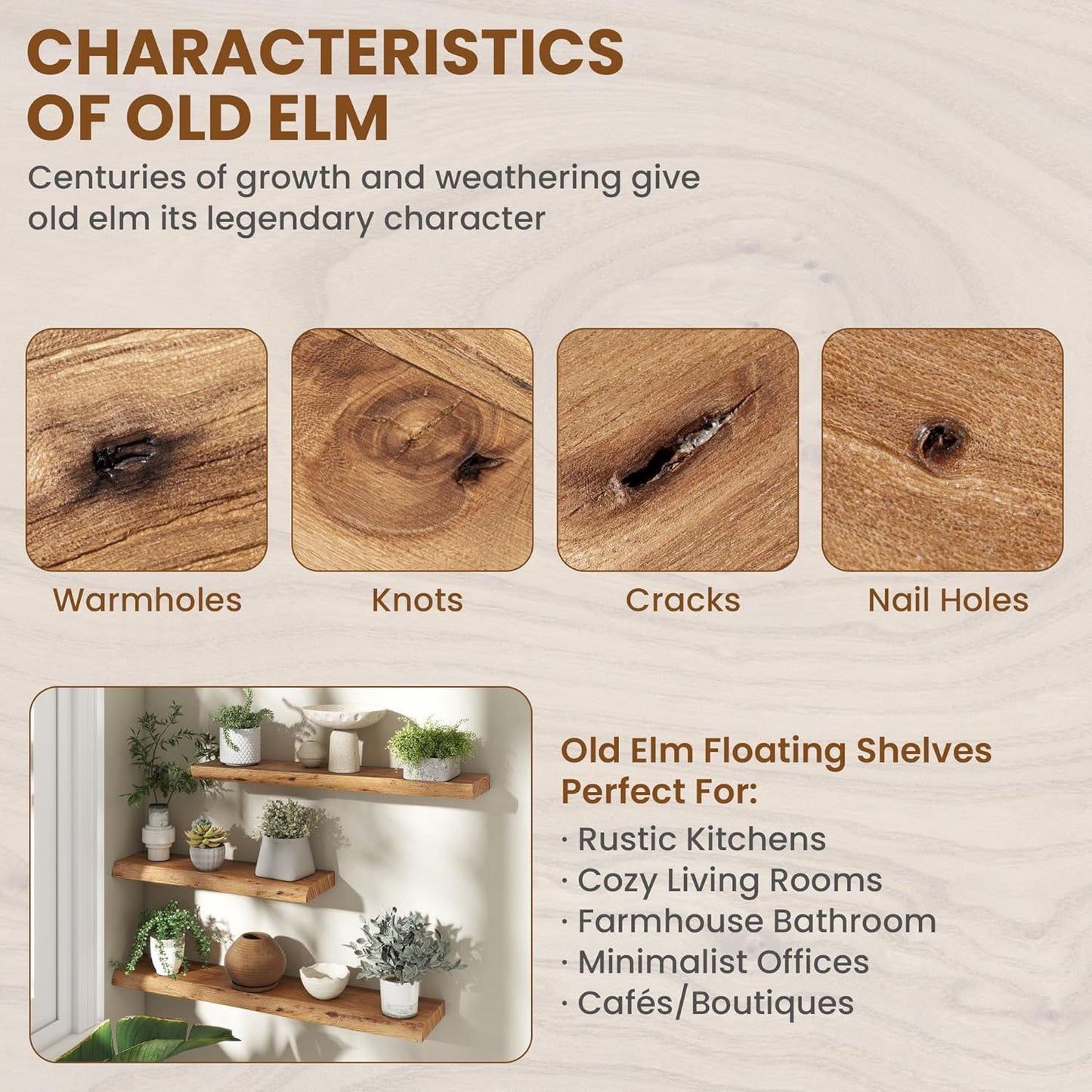 Fun Memories 40" Floating Shelves for Wall, Live Edge Solid Elm Wood Floating Shelf with Invisible Bracket, Wall Mounted Display Wooden Shelves for Bathroom, Kitchen, Bedroom, Natural Color, Set of 1