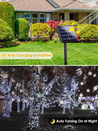 6pk Cool White Solar Christmas Lights Outdoor Waterproof, 600 LED 198FT Solar Powered LED String Lights Green Wire with 8 Modes, Solar Fairy Lights for Xmas Tree Party Wedding Garden Fence Decorations