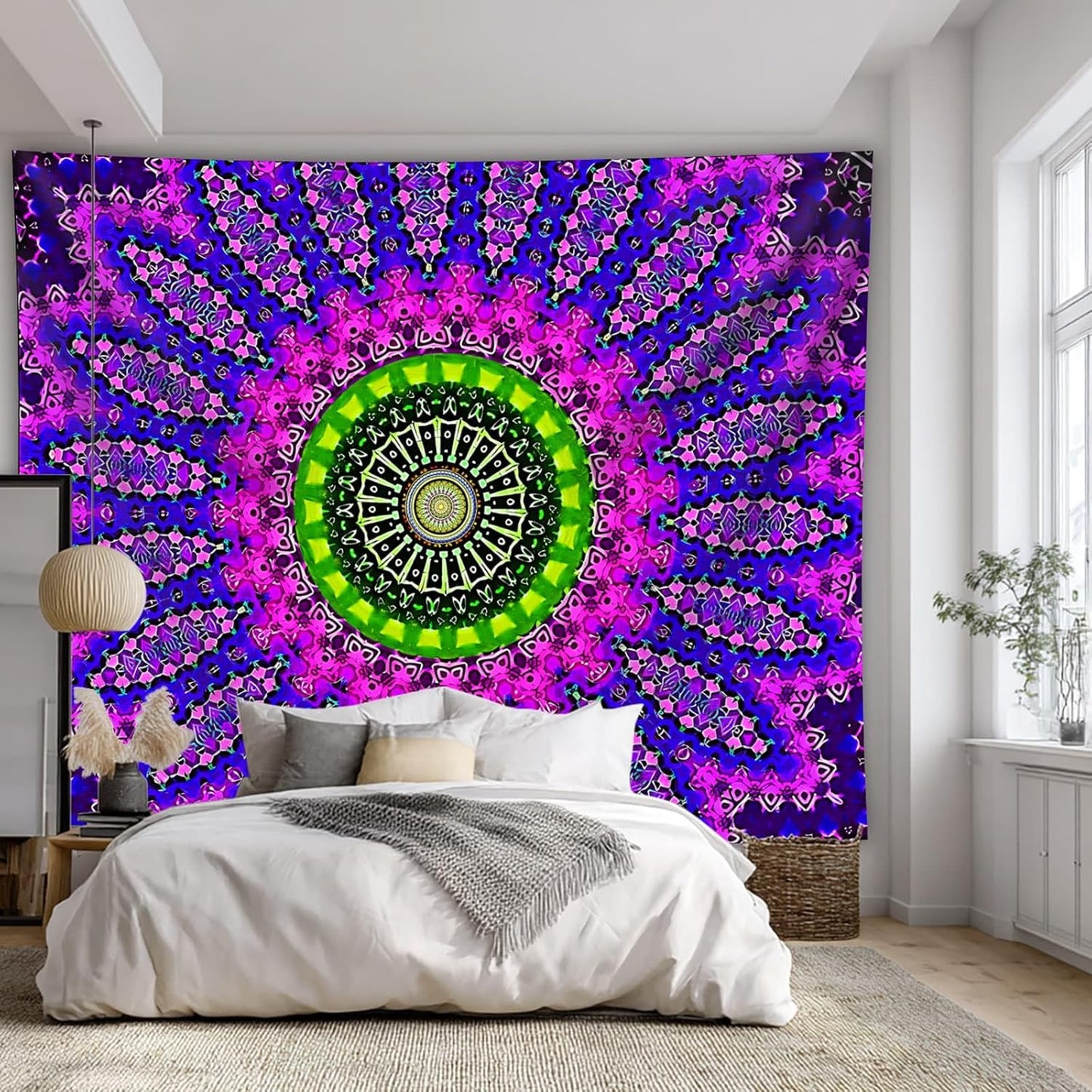 PSYHILAR Blacklight Mandala Tapestry for Bedroom, XL Black Light Posters for Adults and Teens, Red UV Reactive Aesthetic Bohemian Wall Art Decor (90 x 70 Inches)