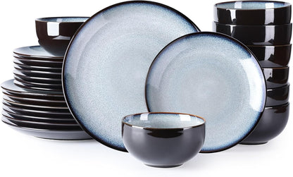 LERATIO Ceramic Dinnerware Sets for 8,Stoneware Plates and Bowls Sets,Handmade Reactive Glaze Dishes Set,Chip Resistant and Scratch Resistant | Oven&Dishwasher & Microwave Safe-Gray White (24PCS)