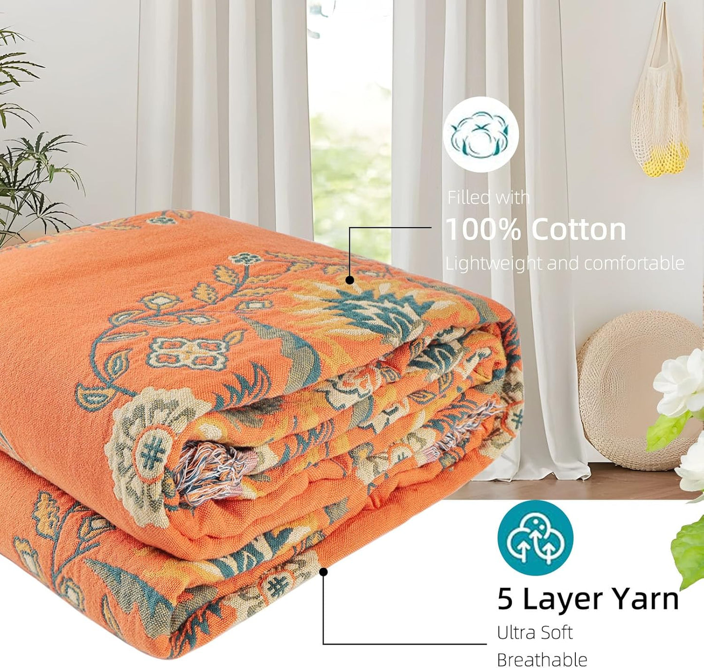 Boho Throw Blanket for Bed - 100% Pure Cotton Ultra Soft Rustic Quilt - Farmhouse Decor Bed Blankets, All Season Rustic Throw for Sofa Couch Chair(80''x 90'', Boho)