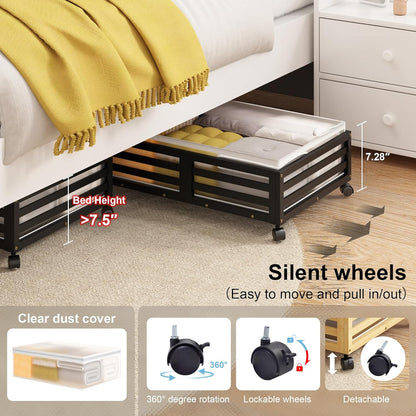 Under Bed Storage with Wheels-Large Bamboo Underbed storage Containers with Large Dust Bag Stackable Under the Bed Shoe Storage Bins for Clothes Books Bedding (2 Packs Black, 23.62"L×16.54"W× 6.51"H)