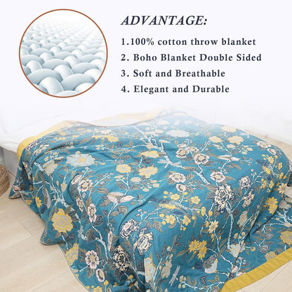 Snycler Boho Throw Blanket for Bed - 100% Cotton Ultra Soft Rustic Quilt Blanket Green Bird Floral Printed Farmhouse Decor Bed Blankets, 60"×80" All Season Rustic Throw for Sofa Couch Chair