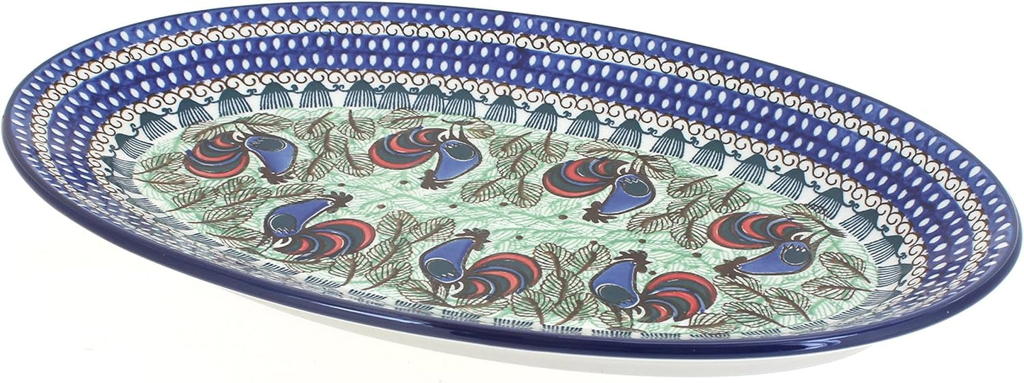 Blue Rose Polish Pottery Rooster Row Oval Platter