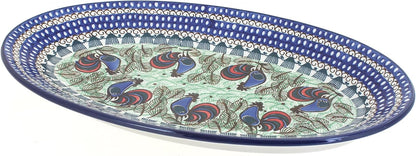 Blue Rose Polish Pottery Rooster Row Oval Platter