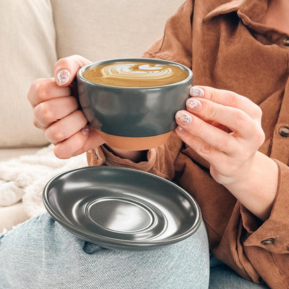 Mora Ceramic Latte Art Mug With Saucer - 10.5 oz, Round Bottom For Perfect Pours - Cafe Cups for Cappuccino, Espresso, Coffee, Tea etc - Porcelain Set for Baristas, Great Gift - Shadow Grey