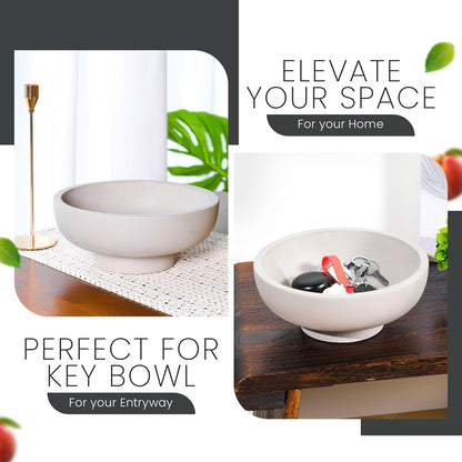 Concrete Fruit Bowl - 10.5” Diameter & 4.25” Height - Modern Key Bowl for Entryway Table - Decorative Pedestal Centerpiece - Grey