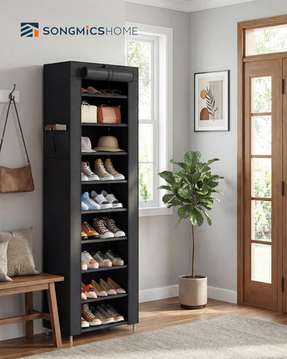 SONGMICS Home Shoe Rack 10-Tier, Tall Narrow Metal Shoe Organizer with Dust Cover, 11.2 x 19.1 x