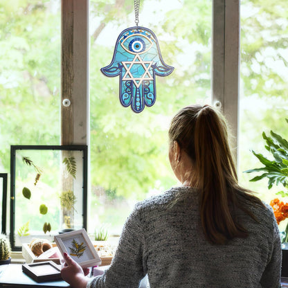 FLAGWIX Hanukkah Gifts for Men, Women - Christmas, Birthday Gifts for Mom, Friends, Hamsa Hand Home Decor, Good Luck, Spiritual, Housewarming Gift Ideas - Single Window Suncatcher Hanging Decorations
