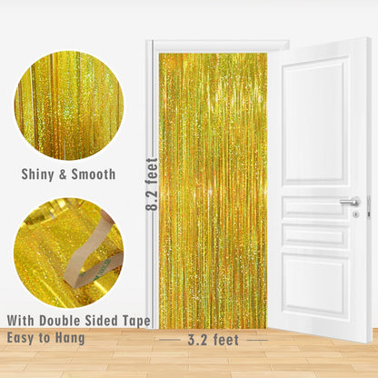 GOER 6.4 ft x 8.2 ft Metallic Tinsel Foil Fringe Curtains,Pack of 2 Party Streamer Backdrop for Birthday,Graduation Decorations and New Year Eve (Shiny Gold)