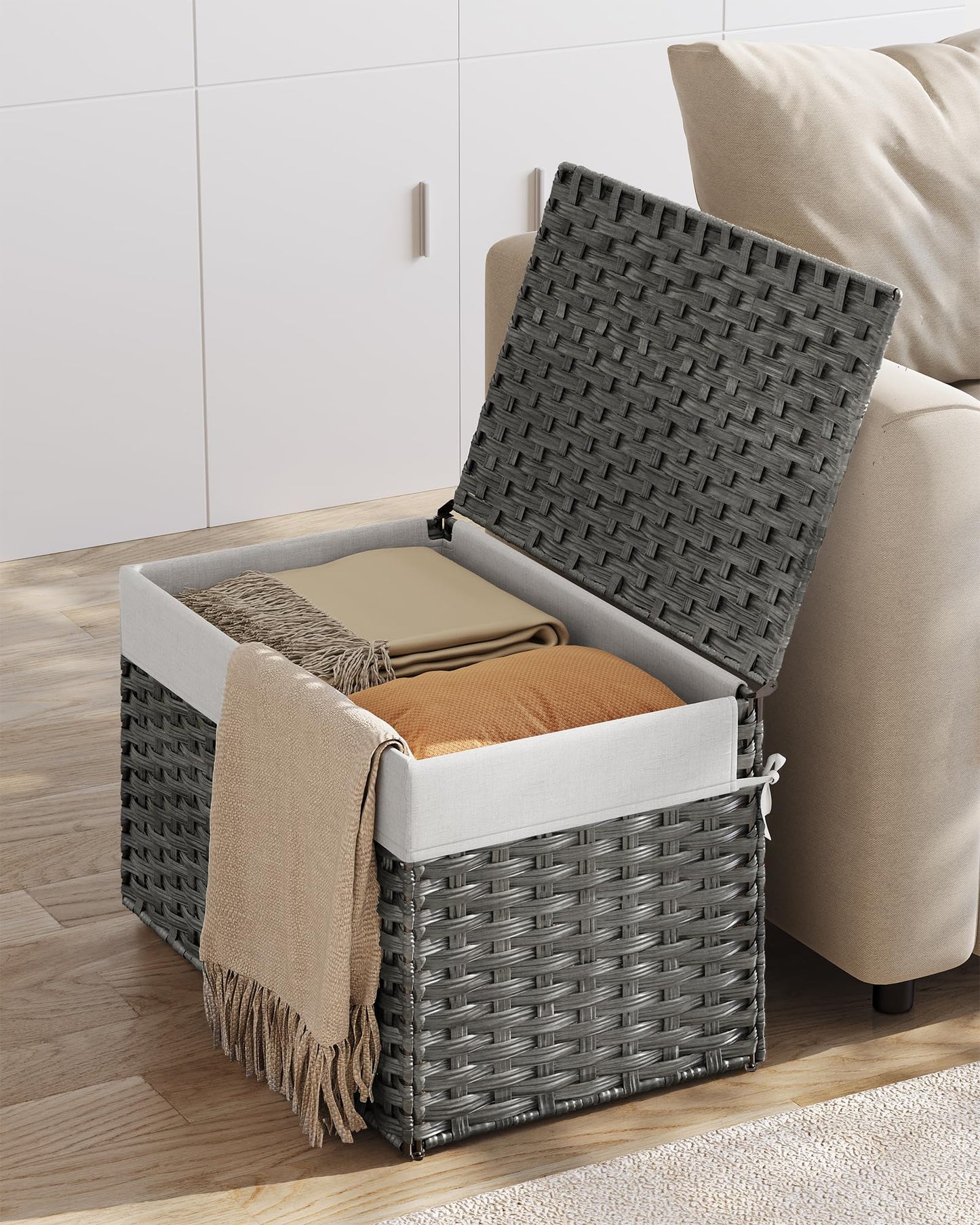SONGMICS Storage Basket with Lid, Woven Blanket Storage Bin with Handles, Foldable, Removable