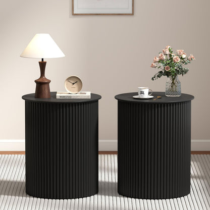 AVZEAR Small Round Side Table Fluted Night Stand Set of 2, 17.7" Mid Century Modern End Table, Circle Bedside Tables Wood Nightstands for Small Spaces, Living Room, Bedroom(Black)