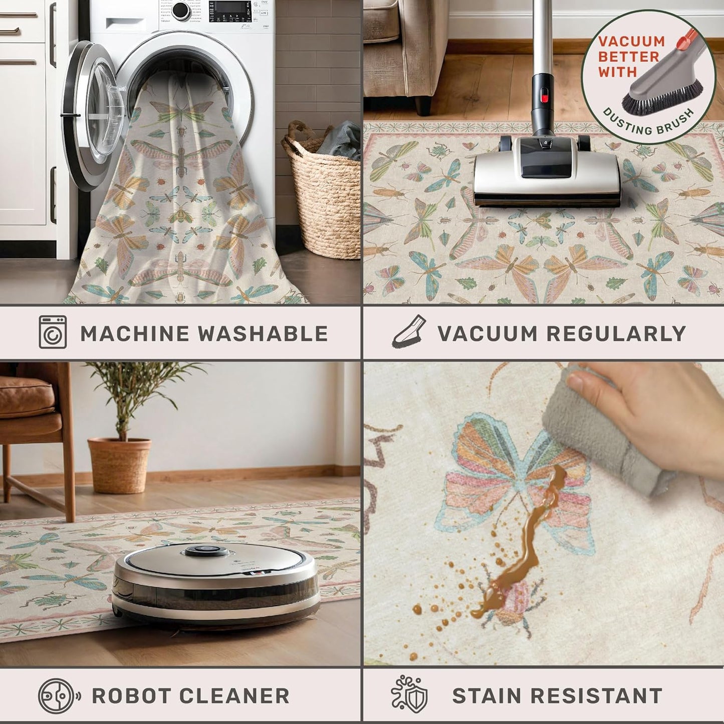 Neutral Girl Nursery Rug 4x6 - Beige & Pink Rugs for Bedroom, Living Room - Washable Low Pile Non-Slip Charming Insect Print Vintage Girly Design, Perfect for Kids Rooms