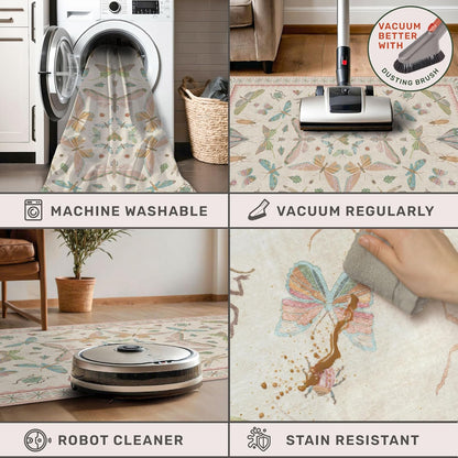 Cute Rugs for Bedroom Girls - Pink Living Room Rugs 8X10, Dining Room Table, Washable Pastel Flower Insect Print Whimsical Décor