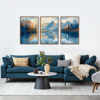 KAIRNE Framed Large Landscape Wall Art,Abstract Forest Prints Paintings,Watercolor Blue Mountain Lake Canvas,Nature Scenery Textured Artwork for Living Room Bedroom Home Office Gallery Decor,16”X24”