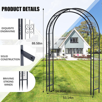 88in Steel Garden Arch Arbor Trellis for Climbing Plants Outdoor,Yard,Garden,Climbing Plants 7ft Decorative Wire Lattice,Outdoor Wedding Arch(Black)