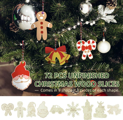 Wooden Christmas Ornaments, 176 PCS Unfinished Predrilled Wood Ornaments Set with 72 Blank Wood Slices in 9 Styles, 90 Bells and 12 Color Pens for Kids DIY Crafts and Christmas Hanging Decoration, A