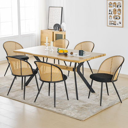 Rattan Dining Chairs Set of 6, Mid-Century Modern Kitchen Dining Room Chairs with Full Cane Backrest Armless Upholstered Farmhouse Boucle Dining Chairs with Metal Leqs for Dining Room, Black