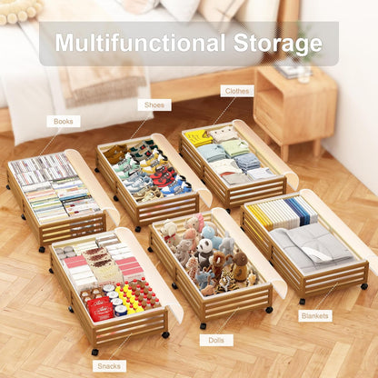 Under Bed Storage Containers With Wheels - 2 Pcs Large Bamboo Wood Rolling Underbed Shoe Storage Bins With Dust Bags for Clothes Blankets, Duvet Covers Snacks Toys (Walnut)