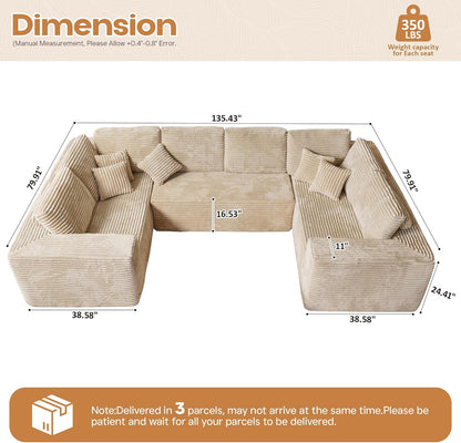 Cloud Sectional Couches for Living Room,U Shaped Modular Sofas No Assembly,135x79 Inches Plush Corduroy Oversized Floor Couch Set with Deep Seat Chaise,Beige