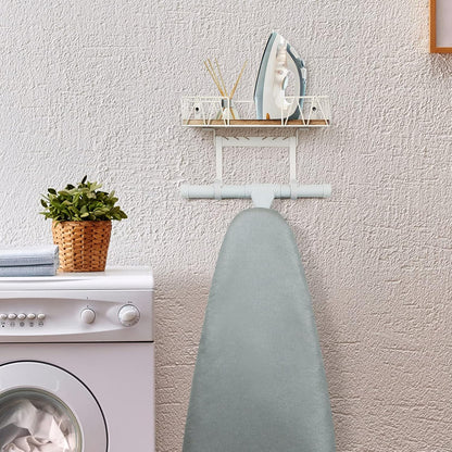 TJ.MOREE Ironing Board Hanger Wall Mount - Laundry Room Decor Iron and Ironing Board Holder with Large Storage Wooden Base Basket and Removable Hooks(T&V Shaped) Cream