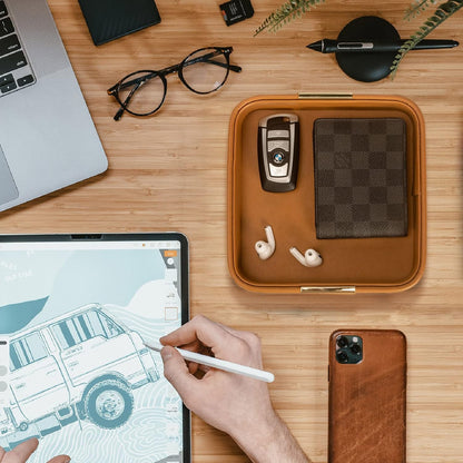 SANZIE Luxury Leather Desktop Storage Small Catchall Organizer Decorative Tray for Entryway Table to Hold Jewelry Watch Cosmetics Keys Phone Wallet, Home & Office Accessories (Metal Glided, Orange)