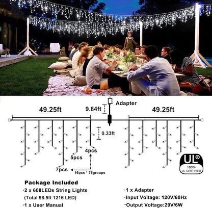 Icicle Christmas Lights, 98FT 1216 LED Icicle Lights for Outside with 228 Drops, 8 Modes Waterproof Twinkle String Lights for House Bedroom Wedding Holiday Decorations, White