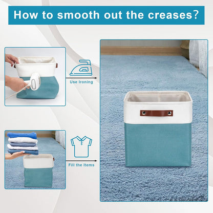 Collapsible Fabric Storage Cubes 11x11 Cube Storage Bins, 4 Pack Closet Baskets Box with Handles for Organizing, Shelf, Toys, Clothes, Home, Office, Nursery (Teal&White)