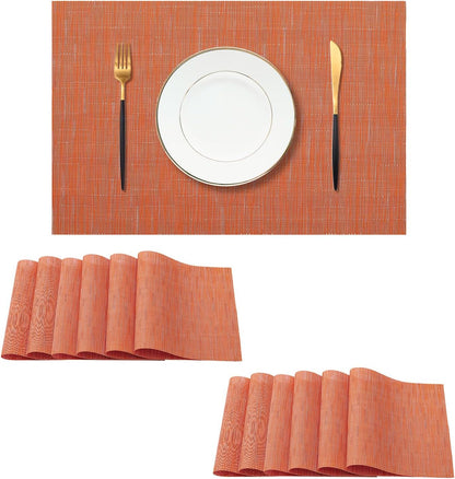 Leetaltree Orange Placemats Set of 12 - Heat Resistant Non-Slip Place mats for Dining Table, Washable Durable PVC Vinyl Woven Table Mats（Orange, 12）