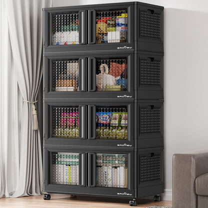 400Qt Stackable Storage Bins with Lids, 100Gal Closet Organizers and Storage Drawer, Plastic Collapsible Storage Bins with Doors, Heavy Duty Store Box Cabinet for Home Kitchen, 4Pack Black