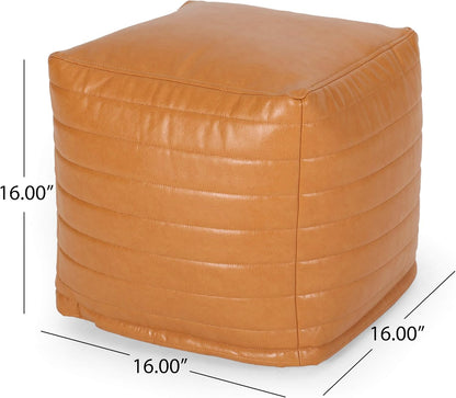 GDFStudio Contemporary Faux Leather Channel Stitch Pouf Ottoman Foot Stool - Bean Bag Floor Chair - Foot Rest Couch for Living Room Bedroom,Caramel Cube,16"" x 16"" x 16"", Conrai,caramel, 314802N