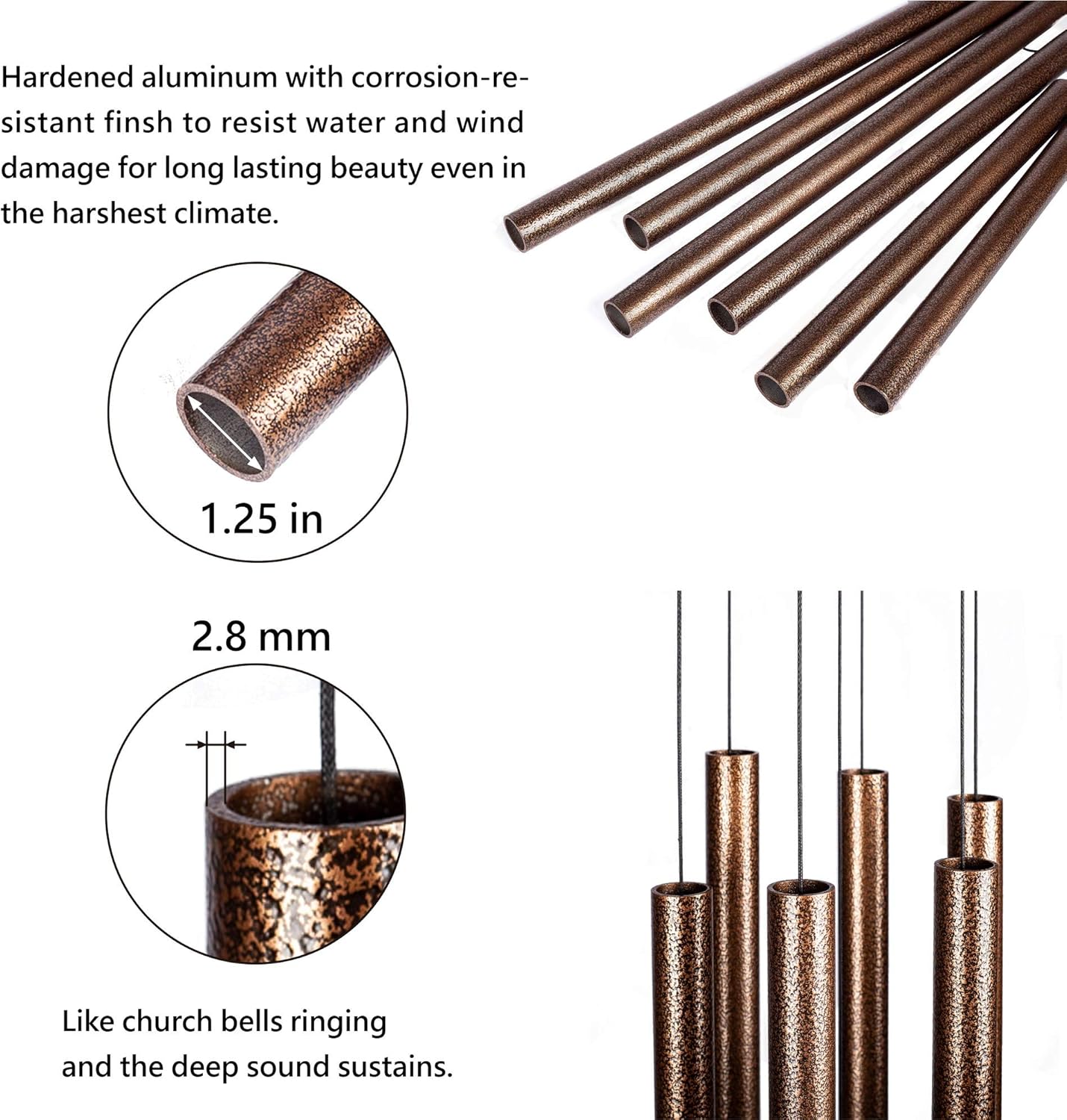 44 Inch Wind Chimes for Outside Deep Tone Sound Like Church Bell Rings Memorial Mother Day Copper Vein 1pcs Thickness of Tube is 2.8mm Taiwan Made