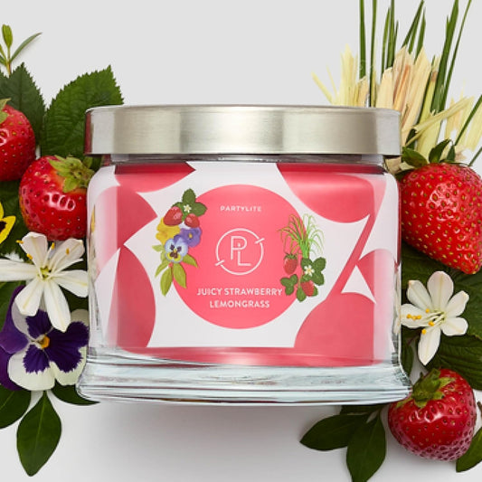 PartyLite Juicy Strawberry Lemongrass Scented, Notes of Lemongrass, Eucalyptus, Pansies, Verbena &