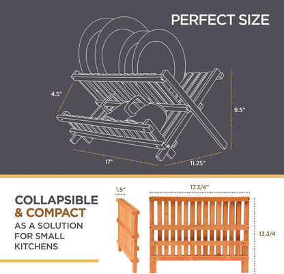 BAMBUSI Dish Drying Rack - Collapsible 2-Tier Bamboo Dish Rack for Kitchen Counter, Wooden Dish Drainer with Foldable Space-Saving Design - Drying Rack for Dishes, Plates, and Cups - Housewarming Gift