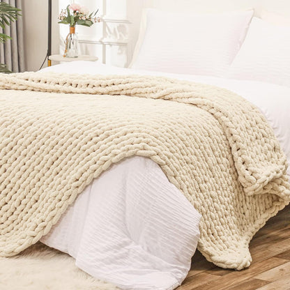 Bigacogo Chunky Knit Throw Blanket for Couch, 60x80 inches, 100% Hand Knitted with Thick Jumbo Chenille Yarn, Cozy Soft Large Rope Knot Cable Crochet Blankets for Sofa Bed Living Room, Beige