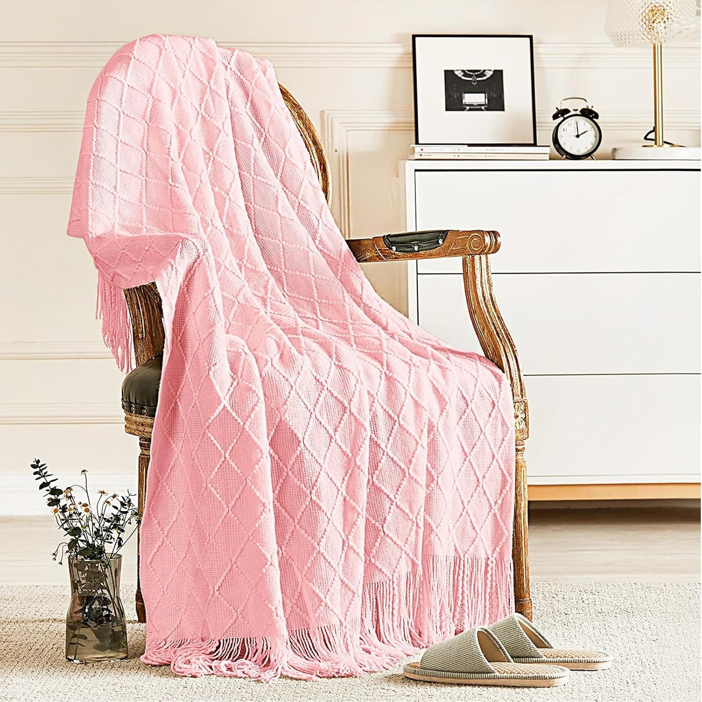 inhand Knitted Gift Throw Blankets for Couch and Bed,Valentines Day Decor Blanket for Her Him Girlfriend Wife, Pink Romatic Lightweight Decorative with Tassel, Farmhouse Warm Woven for Women, 60"x80"