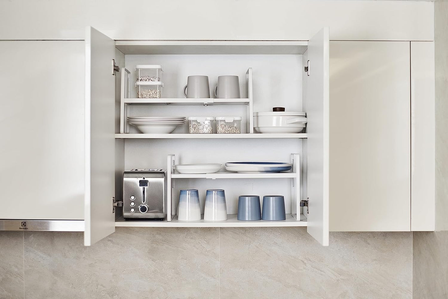 Nxconsu Cabinet Shelf Expandable Height Adjustable Shelf Organizer Riser for Kitchen Cabinet Pantry Cupboard Under Sink Countertop Organization Storage Space Saver Stackable Heavy Duty Metal White XL