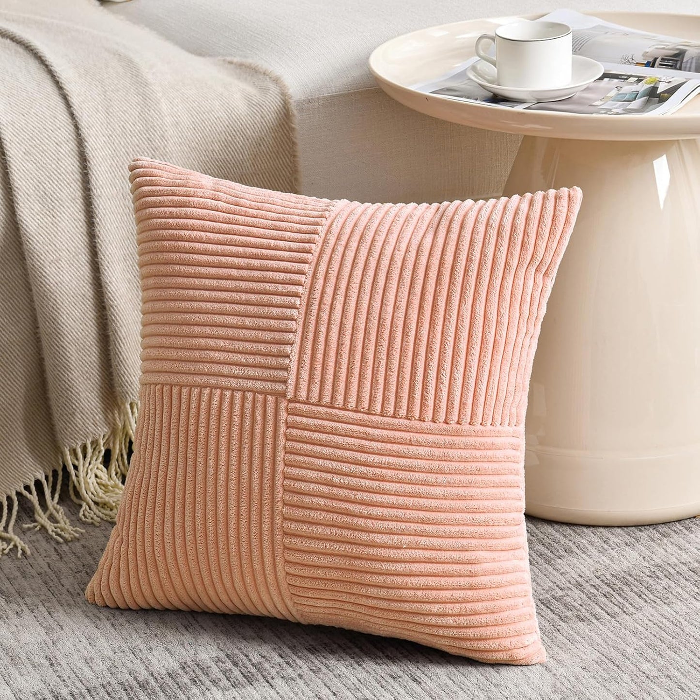 Fancy Homi 2 Packs Peach Decorative Throw Pillow Covers 22x22 Inch for Living Room Couch Bed Sofa, Rustic Farmhouse Boho Home Decor, Soft Corss Corduroy Patchwork Accent Square Cushion Case 55x55 cm