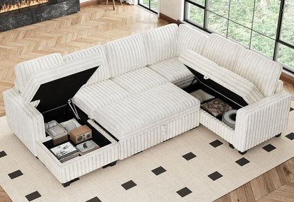 Belffin Corduroy Sleeper Sofa Bed with Storage Chaise Modular Sectional Sofa Couch with Pull Out Bed L Shaped Sectional Couches for Living Room White Couch