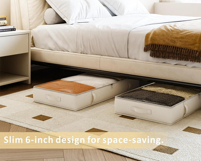 Vailando Under Bed Storage Containers, Underbed Storage Bins with 6 Inches Tall, Clothes Storage Box with Sturdy Handles and Sidewalls, Beige, 2-Pack