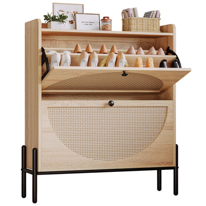 IRONCK Rattan Shoe Cabinet Storage with 2 Flip Drawers, Oak