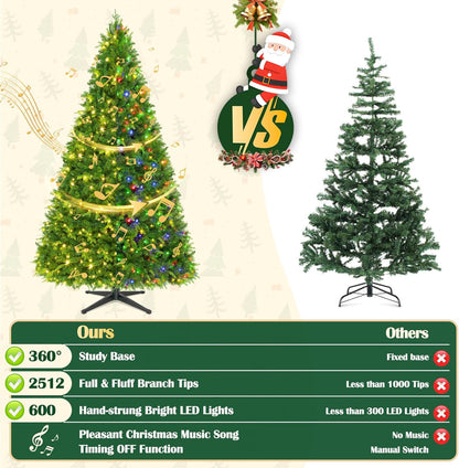 9FT Pre-Lit Christmas Tree with Remote Control, Multi-Color LED Lights, Musical Rotating Christmas Tree Stand, Easy Assembly in 3 Sections, Foldable Metal Stand for Home Holiday Decor
