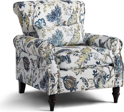 Wingback Accent Chair with Removable Pillow, High Back Floral Armchair with Solid Wood Legs & Nailhead Trim, Comfy Upholstered Reading Single Sofa Chair for Bedroom (1, Blue Floral Pattern)